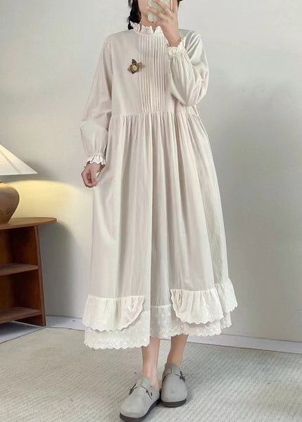 Chic Apricot Stand Collar Ruffled Patchwork Wrinkled Long Dress Long Sleeve BV050 MZF-FDL240702