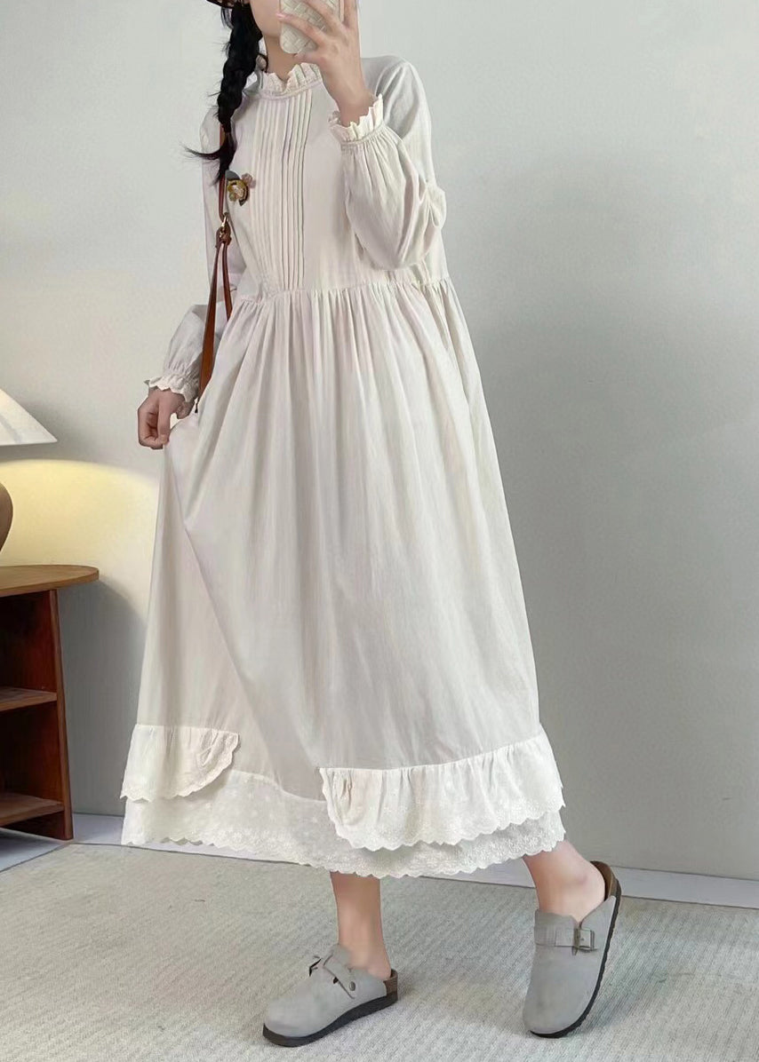 Chic Apricot Stand Collar Ruffled Patchwork Wrinkled Long Dress Long Sleeve BV050 MZF-FDL240702