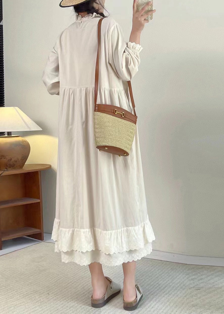 Chic Apricot Stand Collar Ruffled Patchwork Wrinkled Long Dress Long Sleeve BV050 MZF-FDL240702