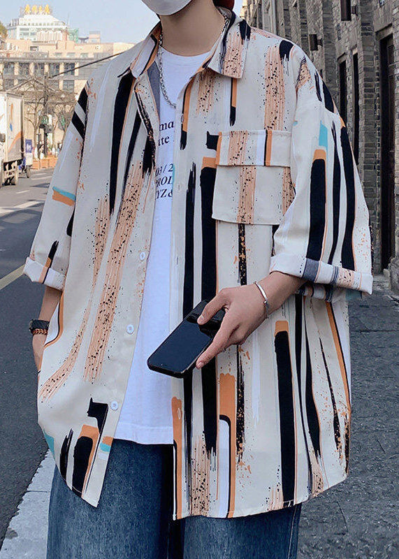 Button Silk Mens Shirt Striped Ice Chic Bracelet Sleeve Apricot FashionChic