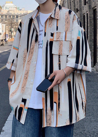 Button Silk Mens Shirt Striped Ice Chic Bracelet Sleeve Apricot FashionChic