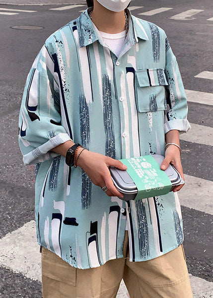 Button Silk Mens Shirt Striped Ice Chic Bracelet Sleeve Apricot FashionChic