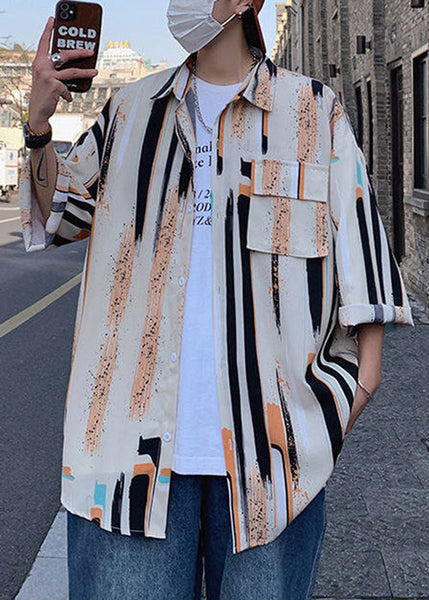 Button Silk Mens Shirt Striped Ice Chic Bracelet Sleeve Apricot FashionChic