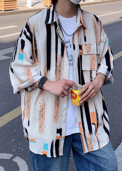 Button Silk Mens Shirt Striped Ice Chic Bracelet Sleeve Apricot FashionChic