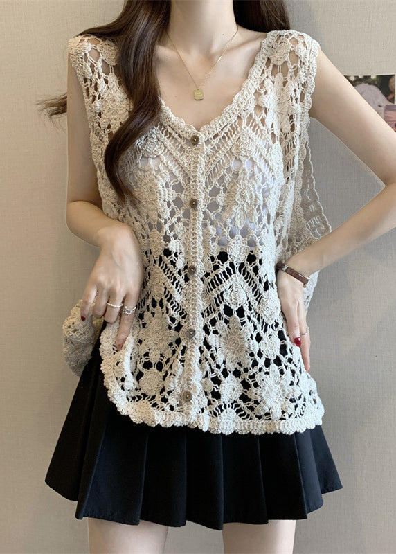 Out V Sleeveless Chic Apricot Vest Neck Hollow Knit FashionChic