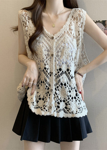 Out V Sleeveless Chic Apricot Vest Neck Hollow Knit FashionChic