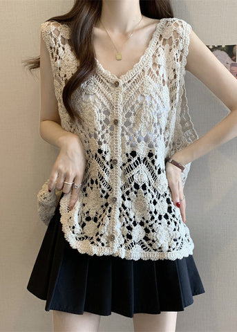 Out V Sleeveless Chic Apricot Vest Neck Hollow Knit FashionChic