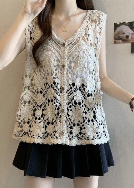 Out V Sleeveless Chic Apricot Vest Neck Hollow Knit FashionChic