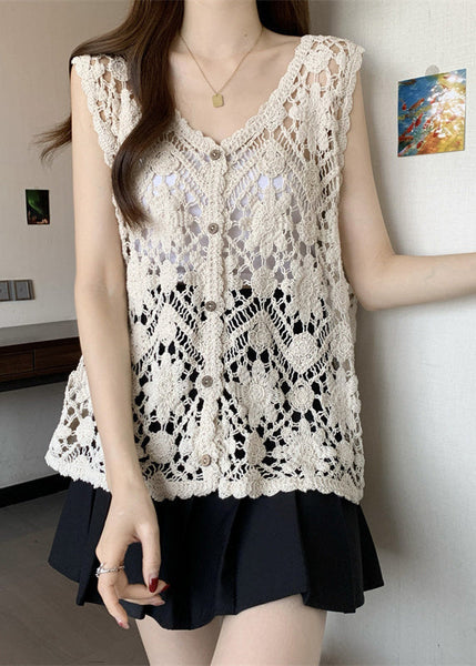 Out V Sleeveless Chic Apricot Vest Neck Hollow Knit FashionChic