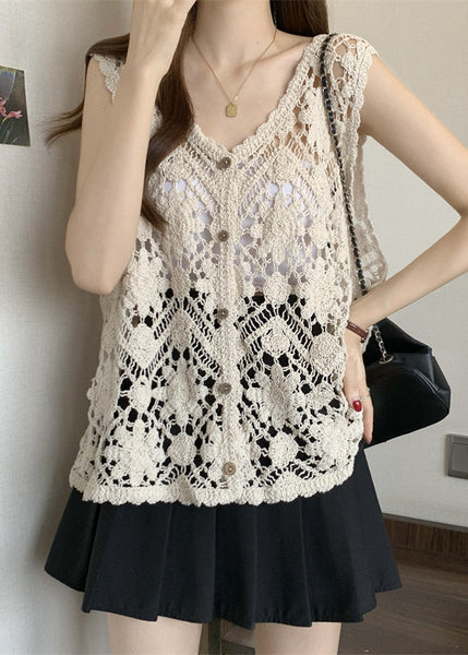 Out V Sleeveless Chic Apricot Vest Neck Hollow Knit FashionChic