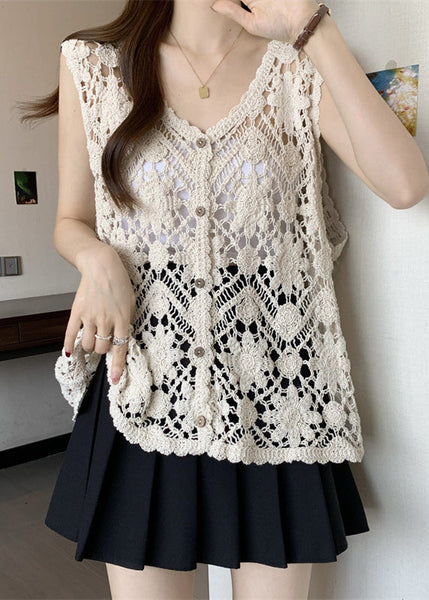 Out V Sleeveless Chic Apricot Vest Neck Hollow Knit FashionChic