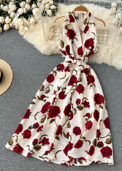 Chic Apricot Zippered Print Chiffon Long Dress Sleeveless TR049 ZS-SDL240730