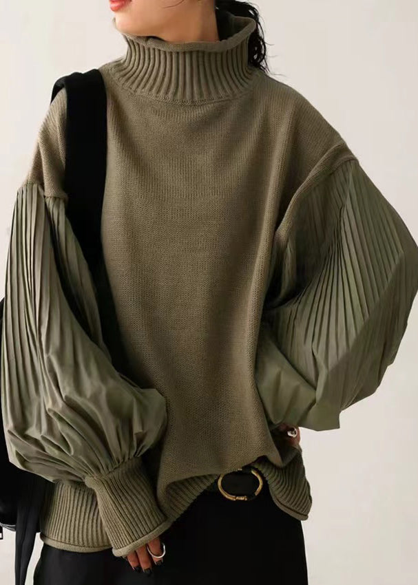 Chic Army Green Hign Neck Wrinkled Patchwork Knitted Tops Lantern Sleeve WE029 HS-NTP241028