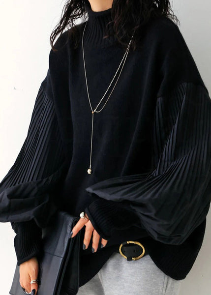 Chic Army Green Hign Neck Wrinkled Patchwork Knitted Tops Lantern Sleeve WE029 HS-NTP241028