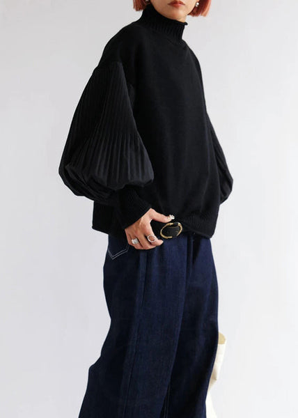 Chic Army Green Hign Neck Wrinkled Patchwork Knitted Tops Lantern Sleeve WE029 HS-NTP241028