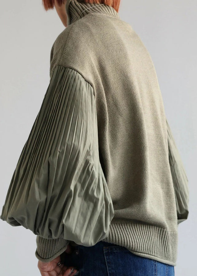 Chic Army Green Hign Neck Wrinkled Patchwork Knitted Tops Lantern Sleeve WE029 HS-NTP241028