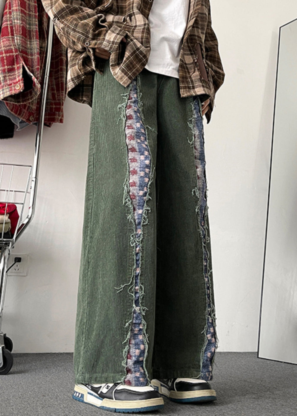 Army Chic Patchwork Pants Original Mens Design Green Corduroy FashionChic