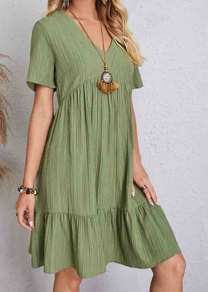 V Army Green Cotton Chic Patchwork Neck Day Dress Summer FashionChic