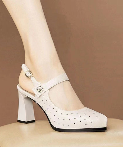 Chic Beige Chunky Heel Cowhide Leather Hollow Out Sandals RT1026 Ada Fashion