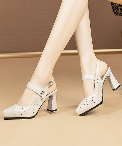 Chic Beige Chunky Heel Cowhide Leather Hollow Out Sandals RT1026 Ada Fashion