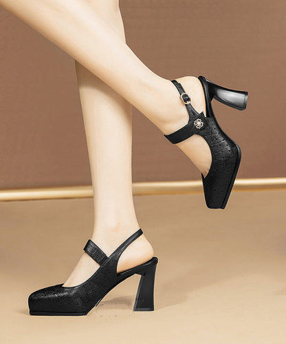 Chic Beige Chunky Heel Cowhide Leather Hollow Out Sandals RT1026 Ada Fashion