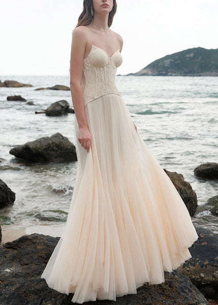 Shoulder Patchwork Beige Chic Cold Dress Party Lace Tulle FashionChic