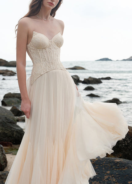 Shoulder Patchwork Beige Chic Cold Dress Party Lace Tulle FashionChic