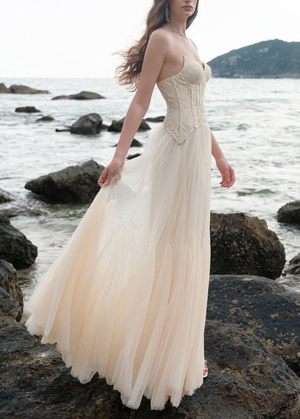 Shoulder Patchwork Beige Chic Cold Dress Party Lace Tulle FashionChic