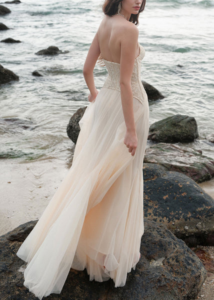 Shoulder Patchwork Beige Chic Cold Dress Party Lace Tulle FashionChic