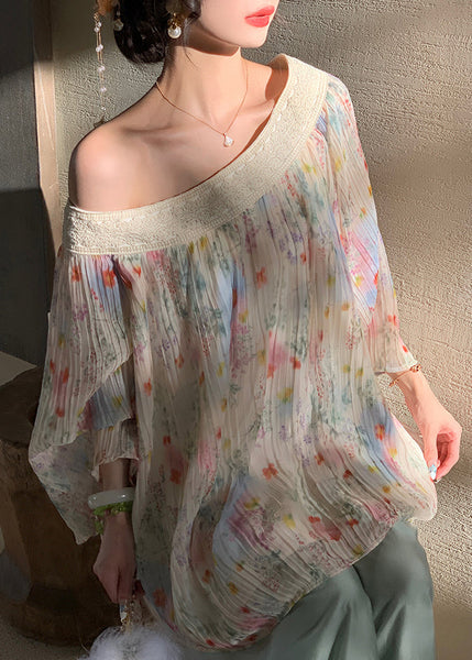 Chiffon Chic Print Beige Fall Wrinkled Embroidered Shirt FashionChic