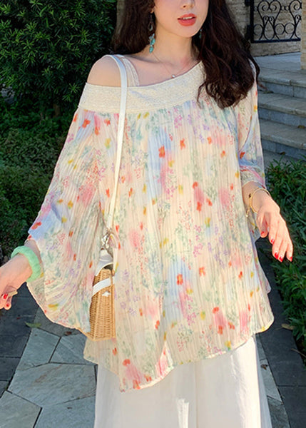 Chiffon Chic Print Beige Fall Wrinkled Embroidered Shirt FashionChic