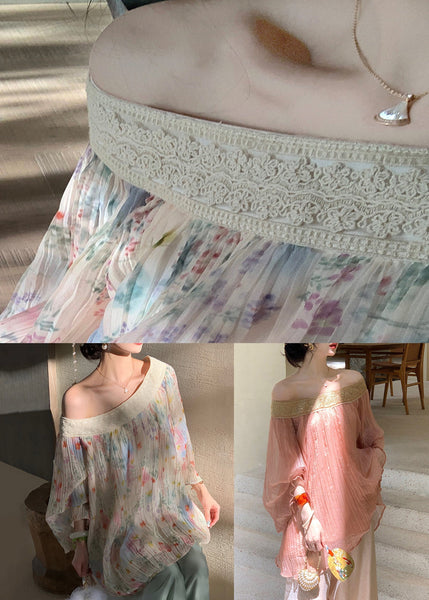 Chiffon Chic Print Beige Fall Wrinkled Embroidered Shirt FashionChic