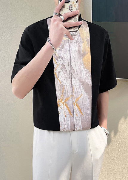 Beige Patchwork Half Stand Men Chic Collar T Shirt Sleeve FashionChic
