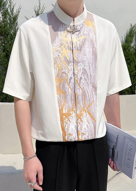 Beige Patchwork Half Stand Men Chic Collar T Shirt Sleeve FashionChic