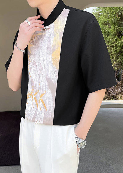 Beige Patchwork Half Stand Men Chic Collar T Shirt Sleeve FashionChic