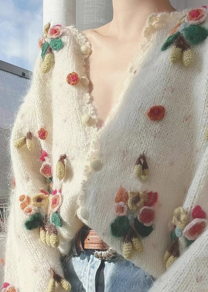 Chic Beige V Neck Button Patchwork Knit Cardigan Winter WX013 ABC