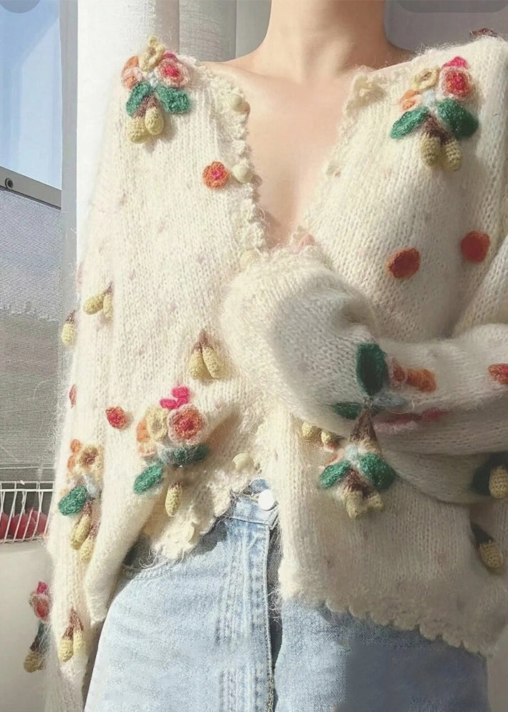 Chic Beige V Neck Button Patchwork Knit Cardigan Winter WX013 ABC