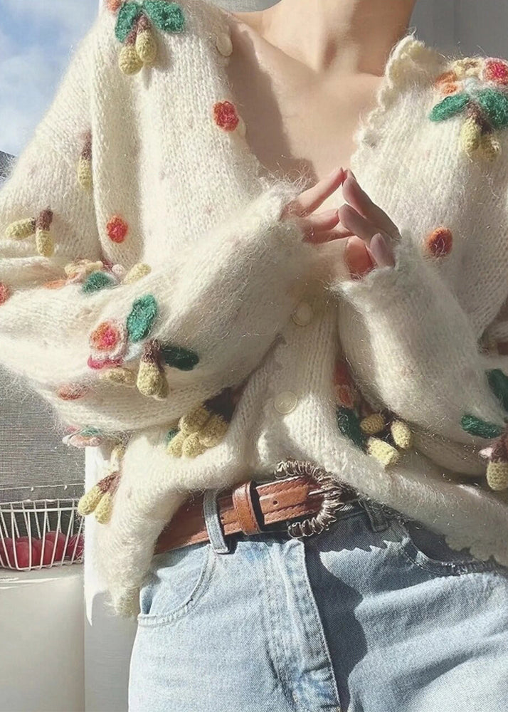 Chic Beige V Neck Button Patchwork Knit Cardigan Winter WX013 ABC