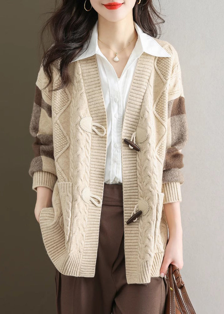 Chic Beige V Neck Button Patchwork Knit Cardigans Fall QS007 OM-BB241010
