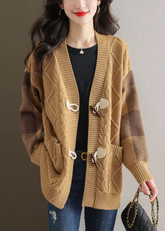 Chic Beige V Neck Button Patchwork Knit Cardigans Fall QS007 OM-BB241010