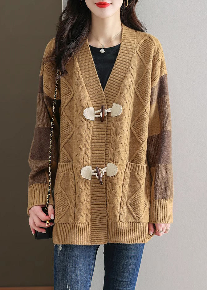 Chic Beige V Neck Button Patchwork Knit Cardigans Fall QS007 OM-BB241010