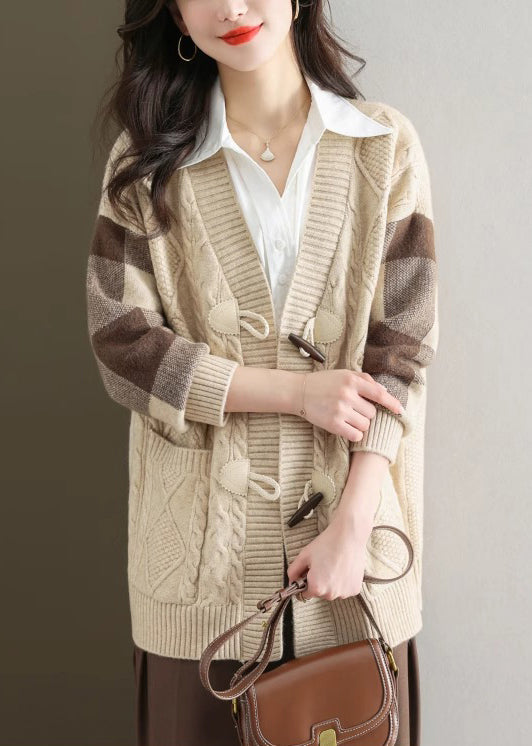 Chic Beige V Neck Button Patchwork Knit Cardigans Fall QS007 OM-BB241010
