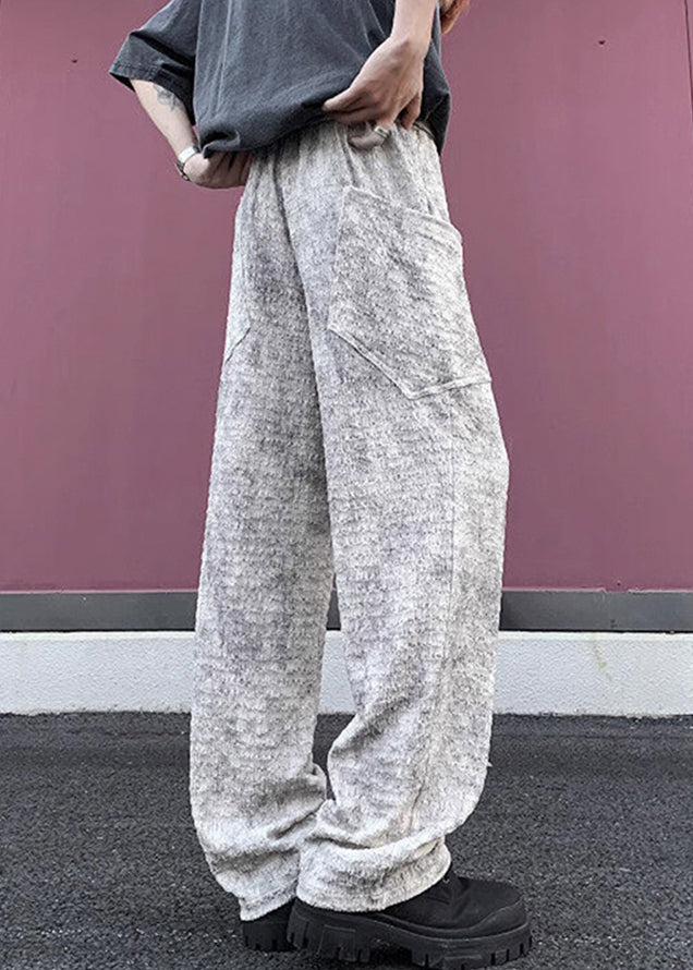 Mens Silk Beige Wrinkled Pants Chic Pockets Ice Summer FashionChic