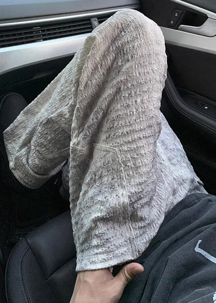 Mens Silk Beige Wrinkled Pants Chic Pockets Ice Summer FashionChic