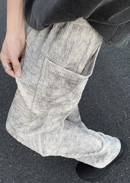 Mens Silk Beige Wrinkled Pants Chic Pockets Ice Summer FashionChic