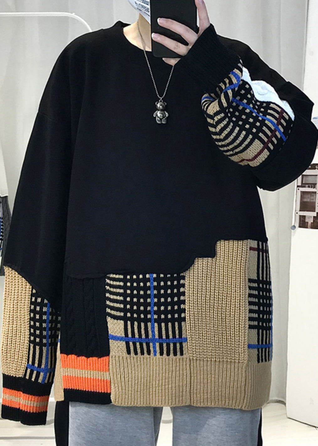 Chic Black Asymmetrical Knit Patchwork Men T Shirts Fall RP067 ABC