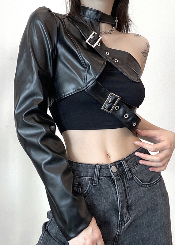 Faux Design Black Spring Leather Chic Coats Original Asymmetrical FashionChic