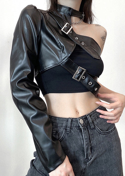 Faux Design Black Spring Leather Chic Coats Original Asymmetrical FashionChic