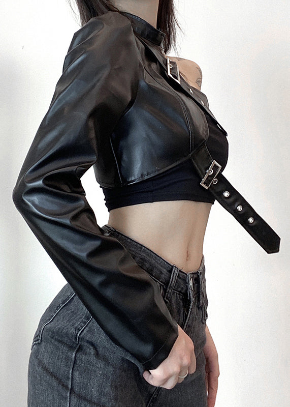 Faux Design Black Spring Leather Chic Coats Original Asymmetrical FashionChic