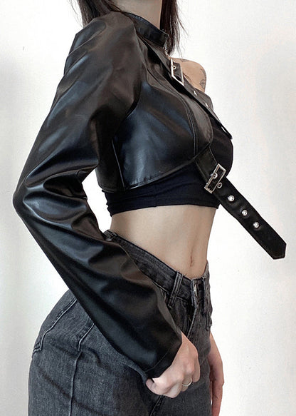 Faux Design Black Spring Leather Chic Coats Original Asymmetrical FashionChic